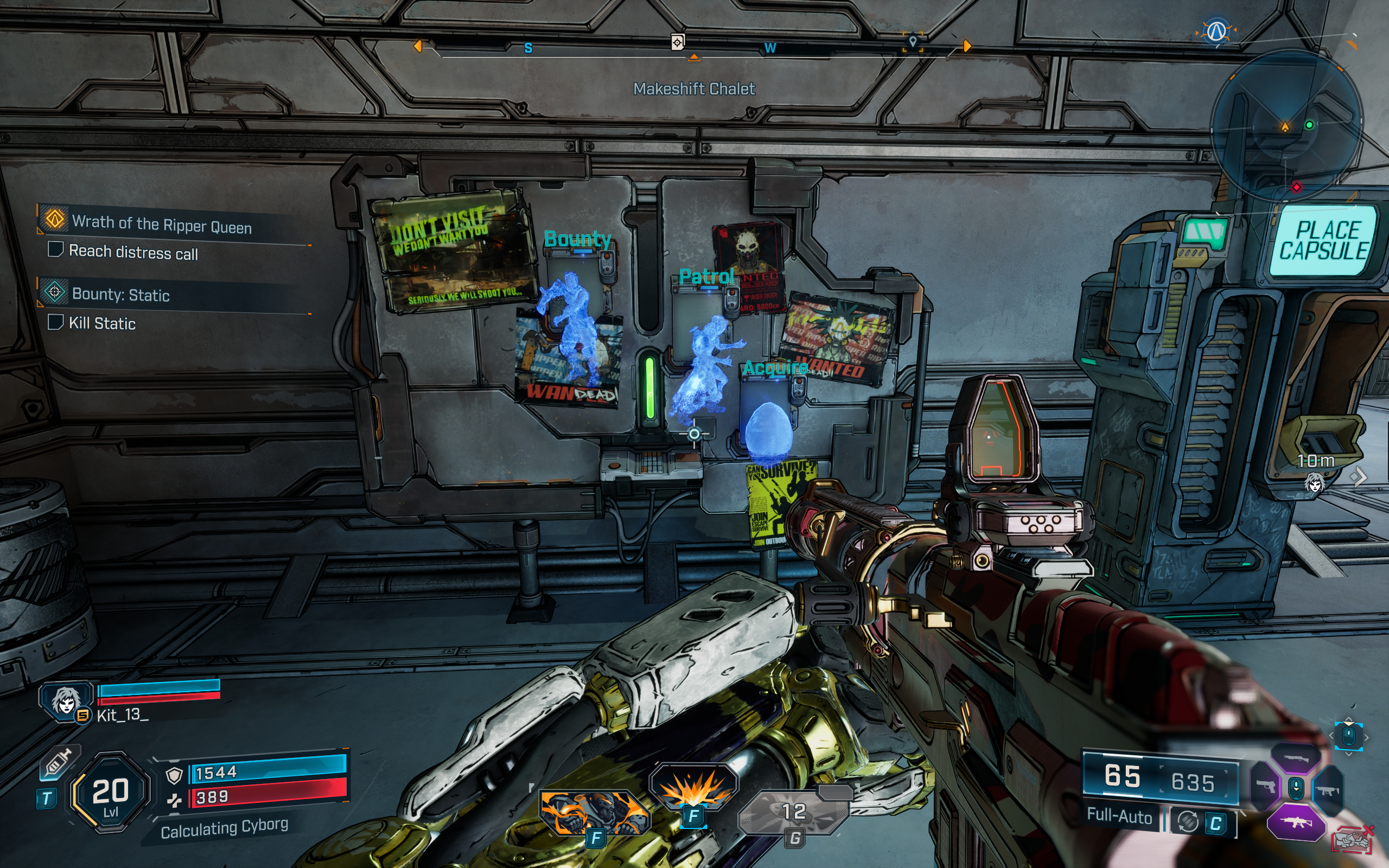 Borderlands 4 XP farms: A player looking at a contracts board inside the Makeshift Chalet safehouse.