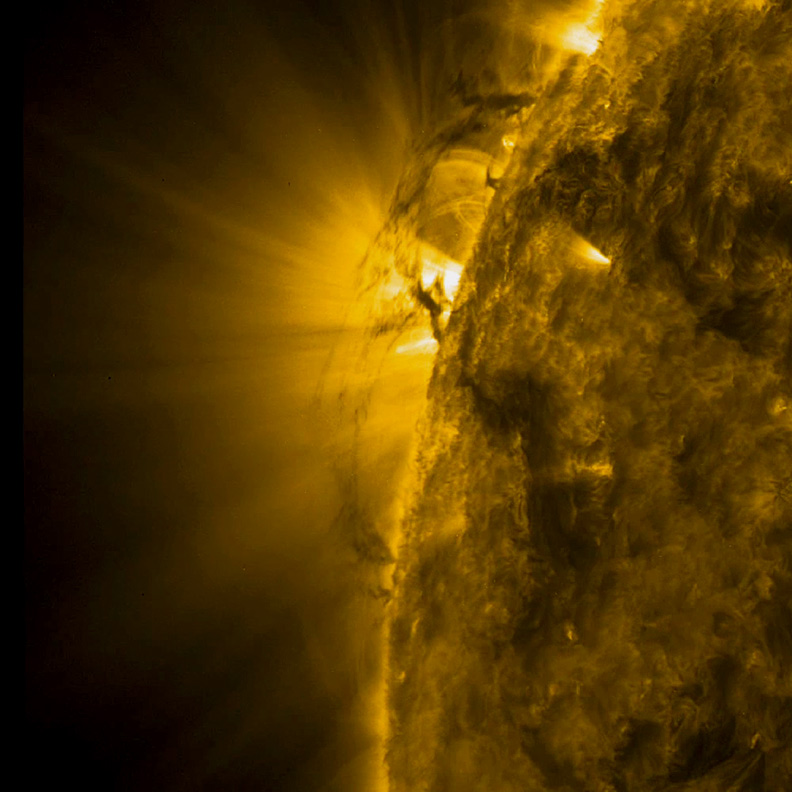 Tornado-like plasma twisters dance across the sun in this still from a NASA video recorded by the Solar Dynamics Observatory during a 30-hour period between Feb. 7 and 8 in 2012.