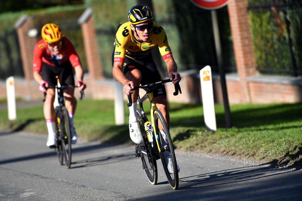 BINCHE BELGIUM OCTOBER 04 Christophe Laporte of France and Team Jumbo Visma attacks to win the 35th Binche Chimay Binche Memorial Frank Vandenbroucke 2022 a 1986km one day race from Binche to Binche BincheChimayBinche on October 04 2022 in Binche Belgium Photo by Luc ClaessenGetty Images