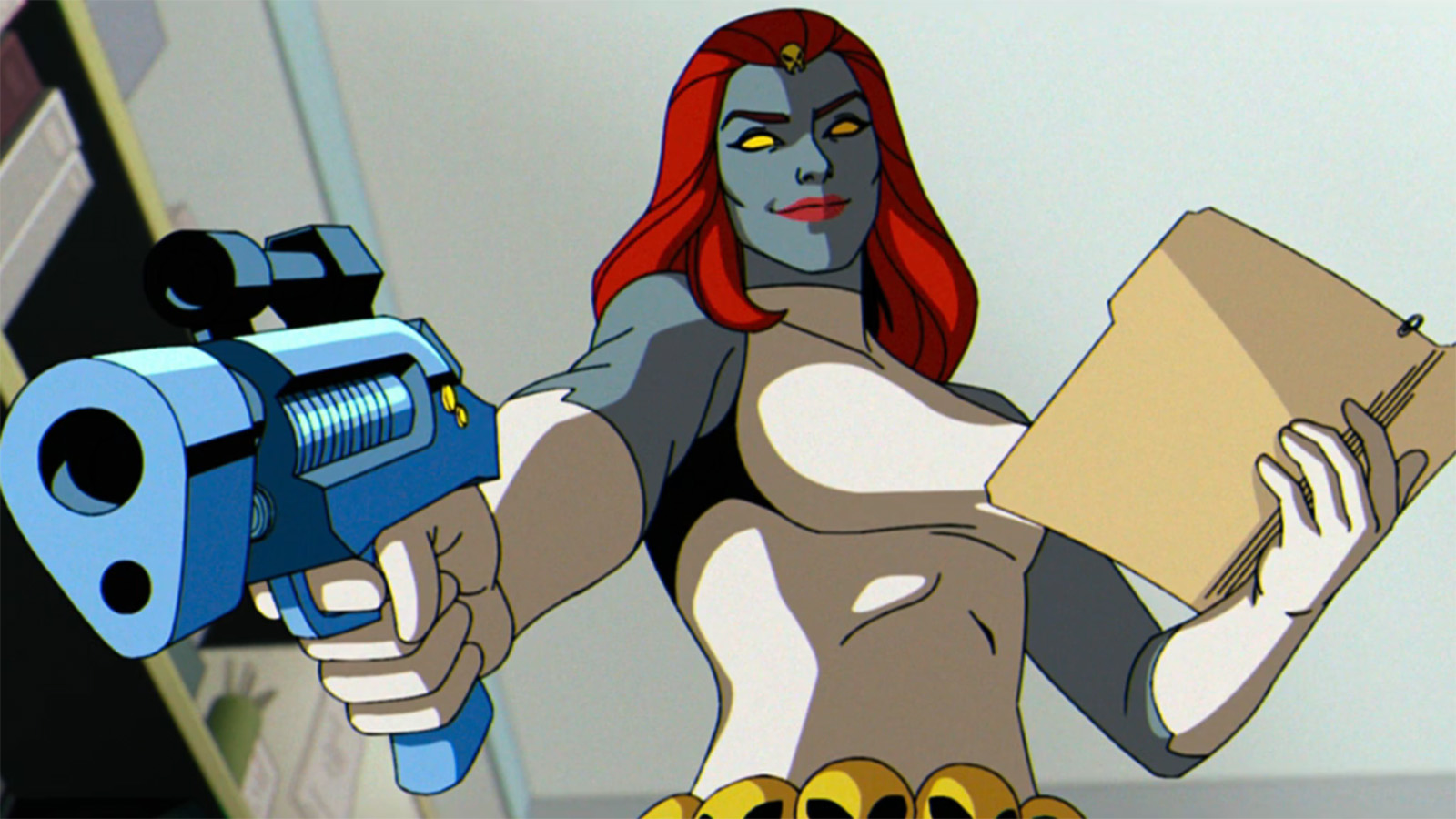 Mystique holding a handgun and top-secret government file in X-Men '97 season 2 episode 9's post-credits scene