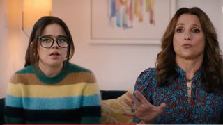 Molly Gordon and Julia Louis-Dreyfus as Liza and Shelley sitting on a couch in You People