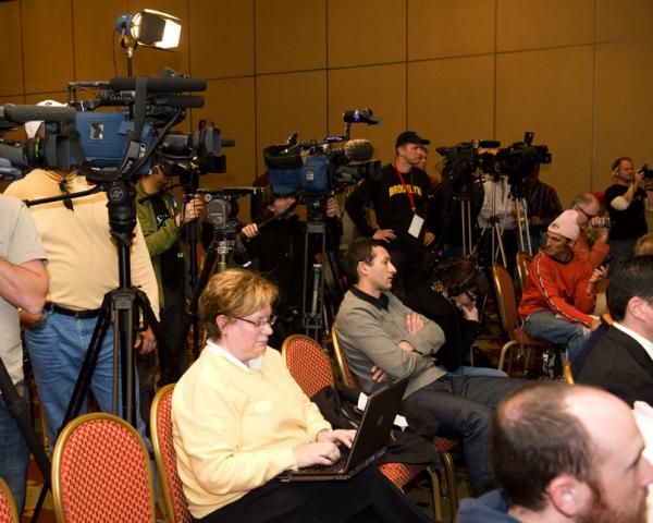 The assembled press await Lance Armstrong and Johan Bruyneel