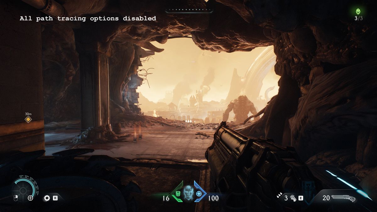 A screenshot of the PC version of Doom: The Dark Ages, showing the visual impact of using standard ray tracing
