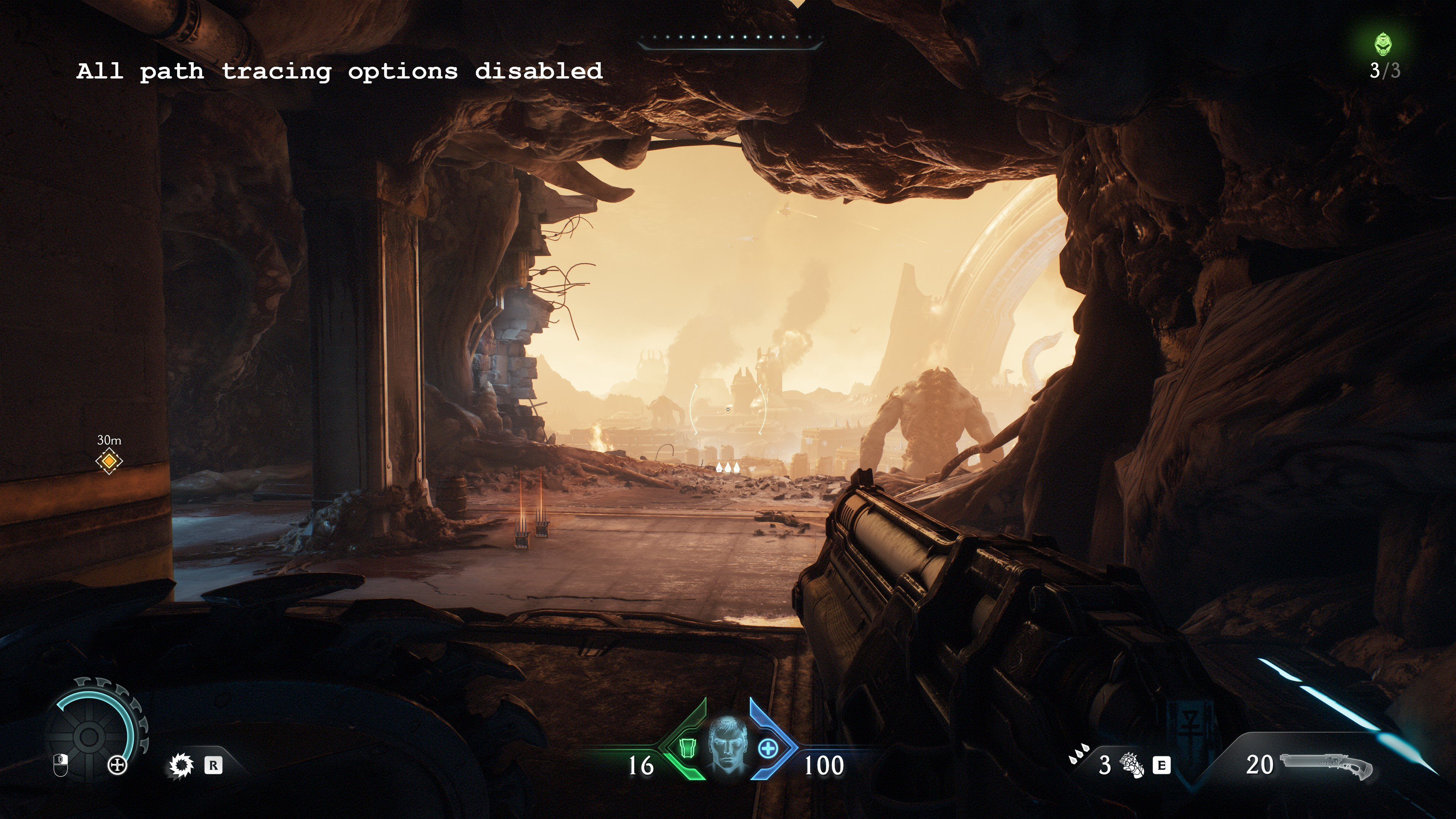 A screenshot of the PC version of Doom: The Dark Ages, showing the visual impact of using standard ray tracing