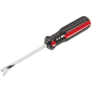 A tack lifter with a red and black handle