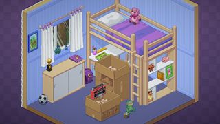 a screenshot from Unpacking, showing a child's bedroom with moving boxes in it.