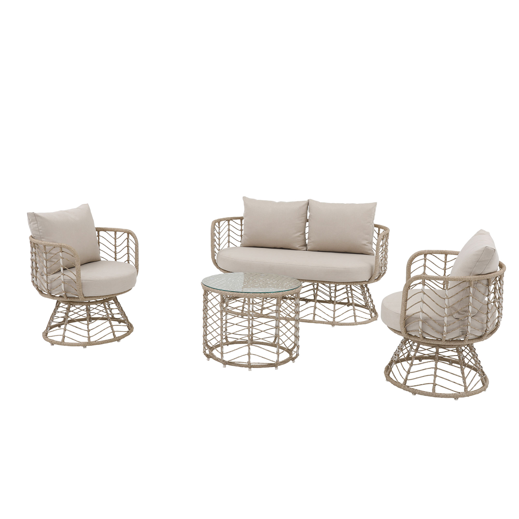 Rattan garden furniture set with white cushions