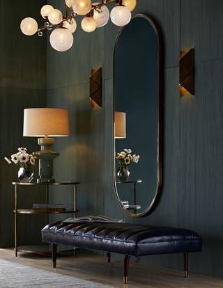 A tall mirror in a corner