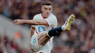 George Ford of England kicks during the Quilter Nations Series international rugby match between England and Australia at Allianz Stadium on November 01, 2025 in London, England.