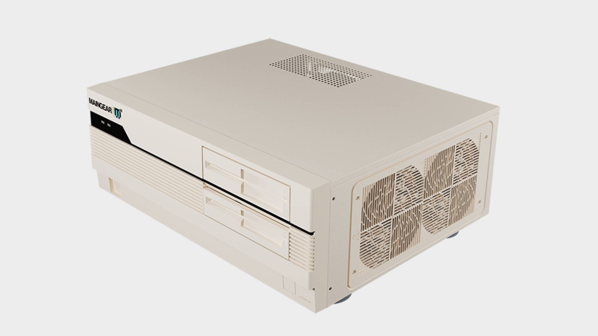 right-hand side view of Maingear Retro95 PC with grey backdrop.