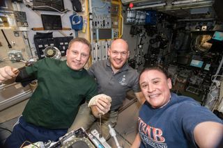 The three astronauts currently on board the space station — Russian cosmonaut Sergey Prokopyev, European astronaut Alexander Gerst and NASA astronaut Serena Auñón-Chancellor — enjoy a dinner together earlier in November.
