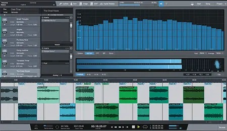 Fig. 1: The Track Column is the list of song titles on the left, the Track Lane is below with the WAV files representing the songs.