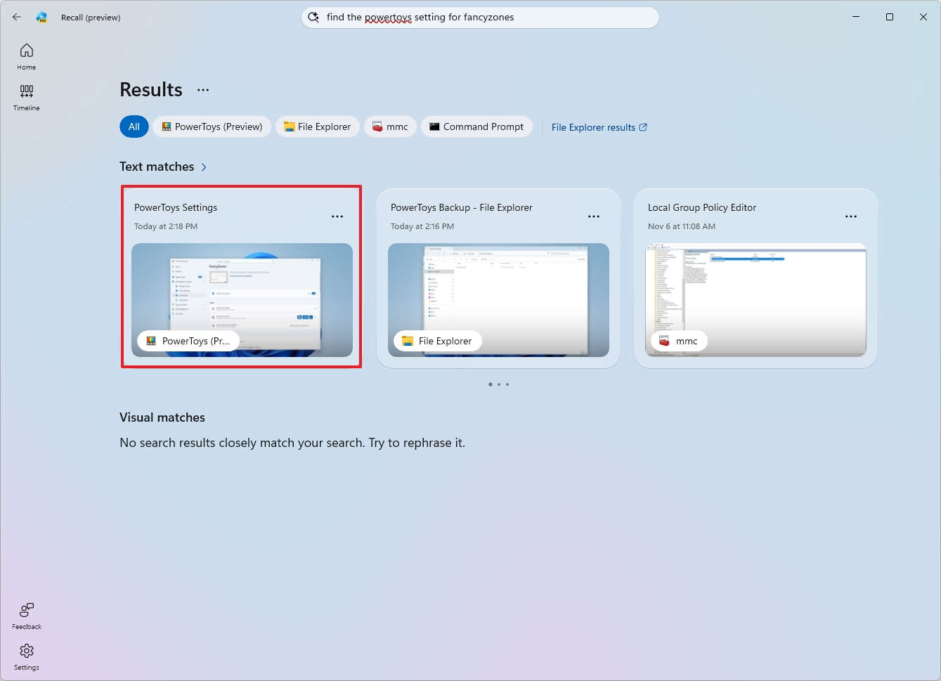 Recall search for activity with natural language
