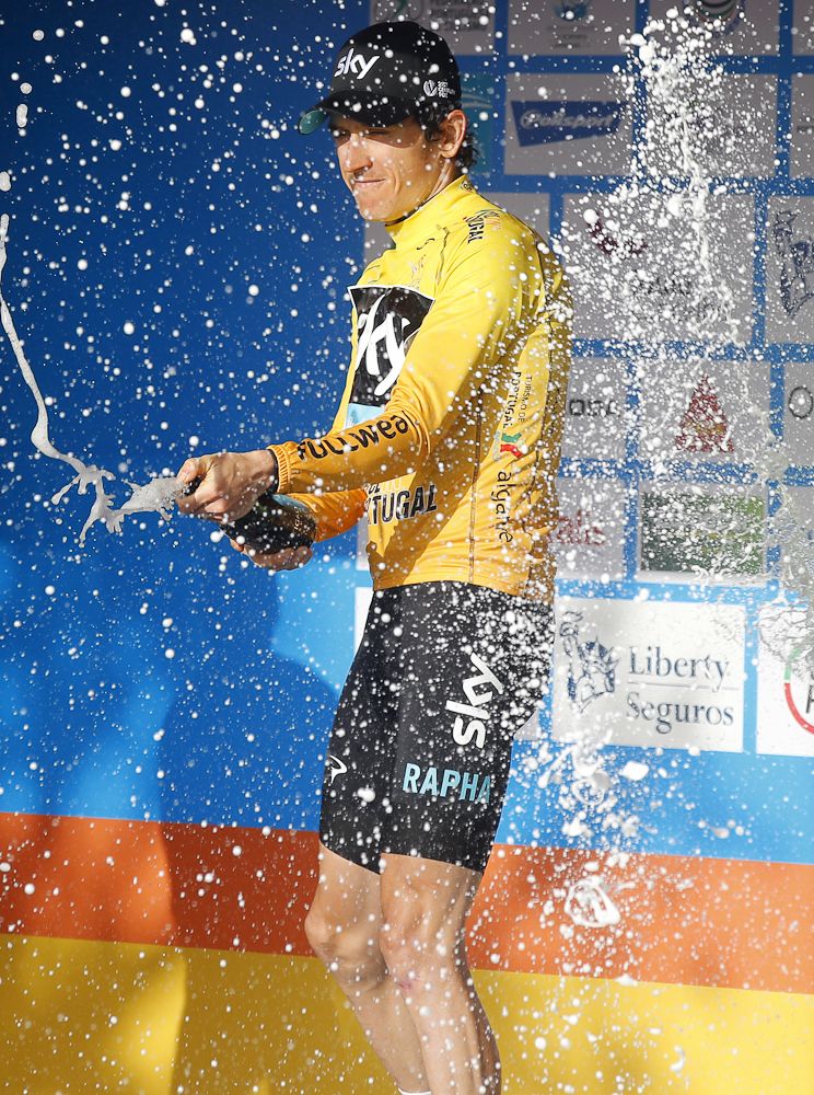Geraint Thomas celebrates his overall win at Algarve