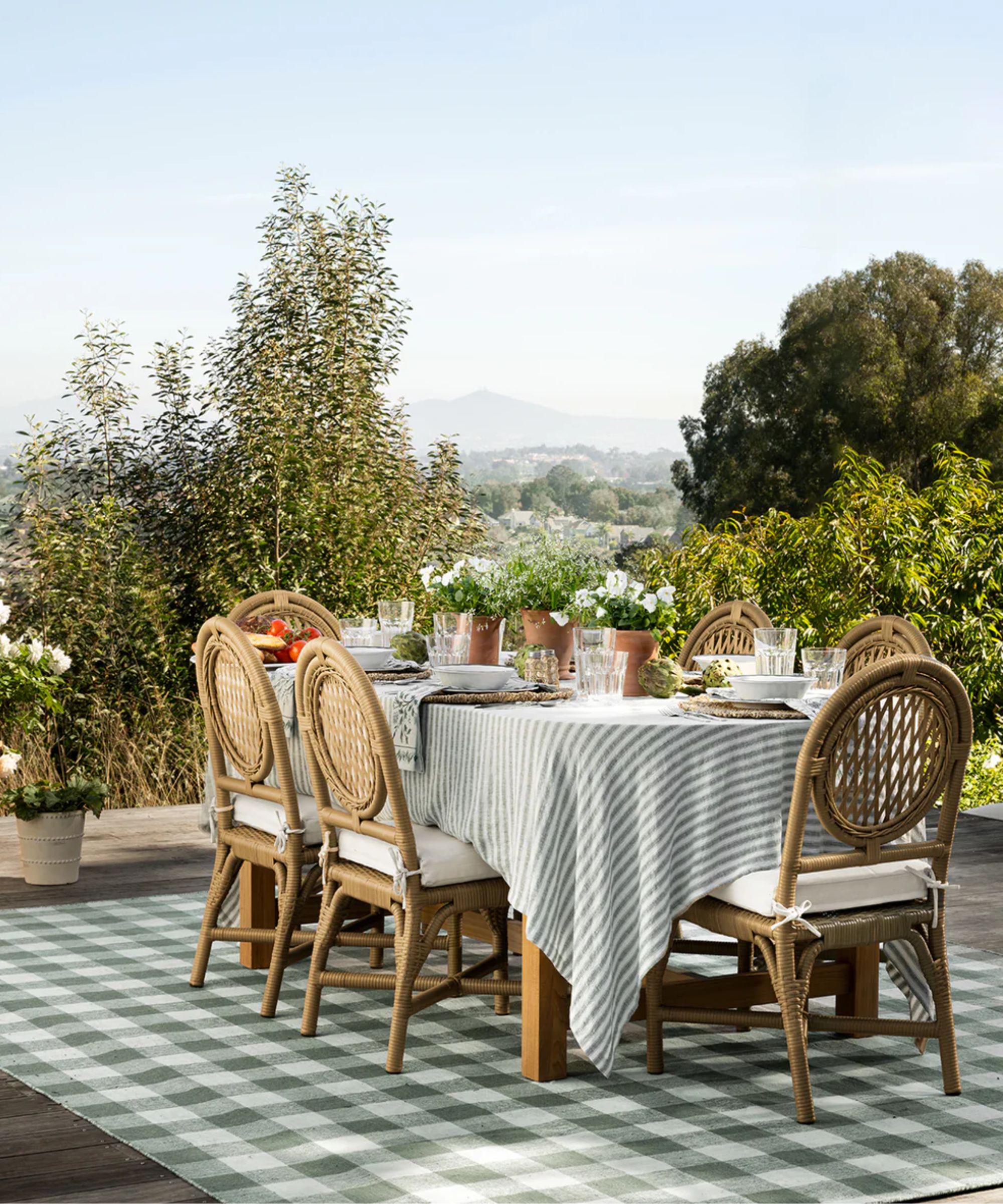outdoor dining table with wooden and rattan furniture, a green striped linen tablecloth and a green plaid rug surrounded by potted plants