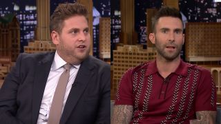 Side by side photos of Jonah Hill and Adam Levine on the Tonight Show