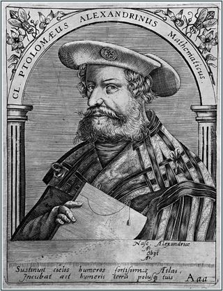 A 16th century engraving of Claudius Ptolemy, mathematician and astronomer who created a geocentric model of the solar system and wrote the Almagest, one of the most influential scientific texts in history.