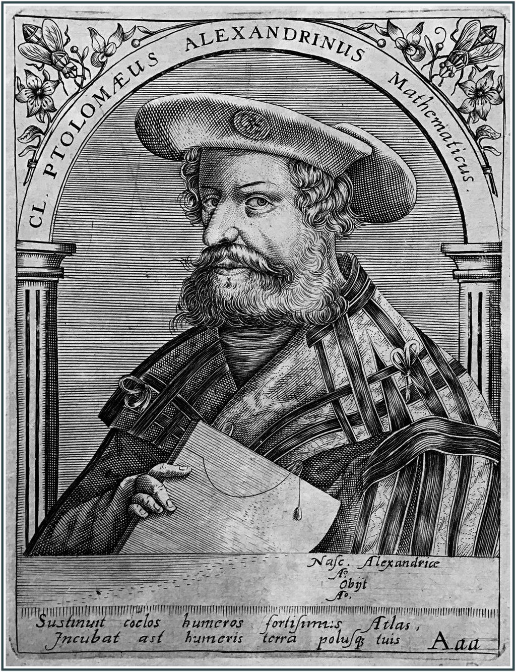 A 16th century engraving of Claudius Ptolemy, mathematician and astronomer who created a geocentric model of the solar system and wrote the Almagest, one of the most influential scientific texts in history.