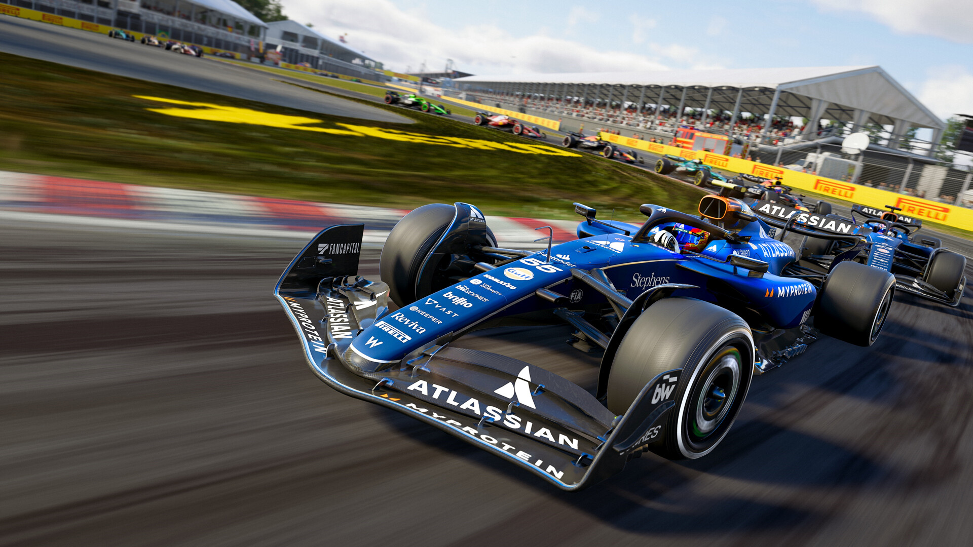 F1 25: A blue F1 car racing around a bend.