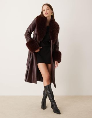 New Look Faux Fur Trim Coat in Burgundy