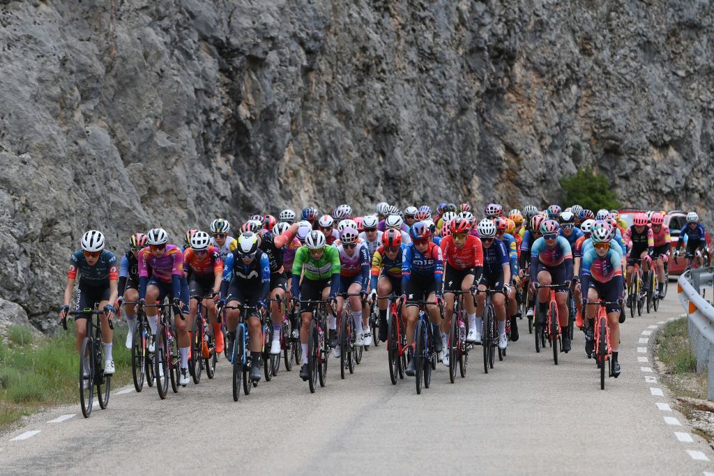 CANICOSA DE LA SIERRA SPAIN MAY 19 LR Lorena Wiebes of The Netherlands and Team SD Worx Protime Green Points Jersey Clara Copponi of Italy and Team Lidl Trek Evita Muzic of France and FDJ SUEZ Team and Marlen Reusser of Switzerland and Team SD Worx Protime lead the peloton during the 9th Vuelta a Burgos Feminas 2024 Stage 4 a 122km stage from Pearanda de Duero to Canicosa de la Sierra 1144m UCIWWT on May 19 2024 in Canicosa de la Sierra Spain Photo by Alex BroadwayGetty Images