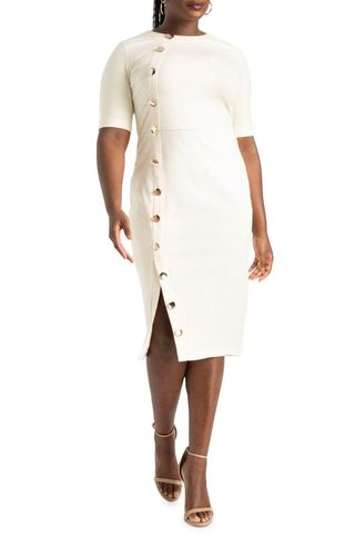 Workwear Side Button Sheath Midi Dress