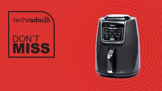Ninja Air Fryer Max on red background next to words "don't miss"