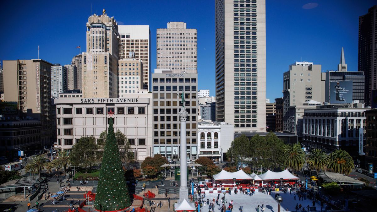 Union Square seen from the Macy&#039;s store on November 24, 2023 in San Francisco, California