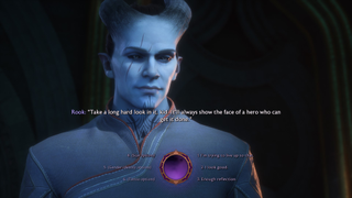 A qunari looks at himself in the mirror, ready to make a determining choice about his identity by gazing into his reflection.