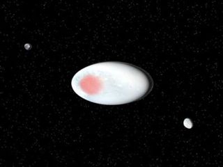This older depiction of Haumea lacks the rings but shows the dark red spot that scientists identified on the dwarf planet's surface.