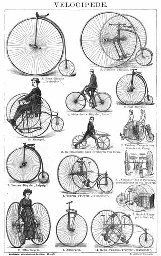 Drawing from an 1887 German encyclopedia of various velocipedes, penny-farthings and other human-powered vehicles.