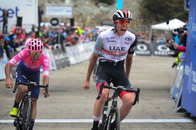 Tadej Pogacar (UAE Team Emirates) gets the better of EF Education First's Sergio Higuita to win stage 6 of the 2019 Tour of California on Mount Baldy