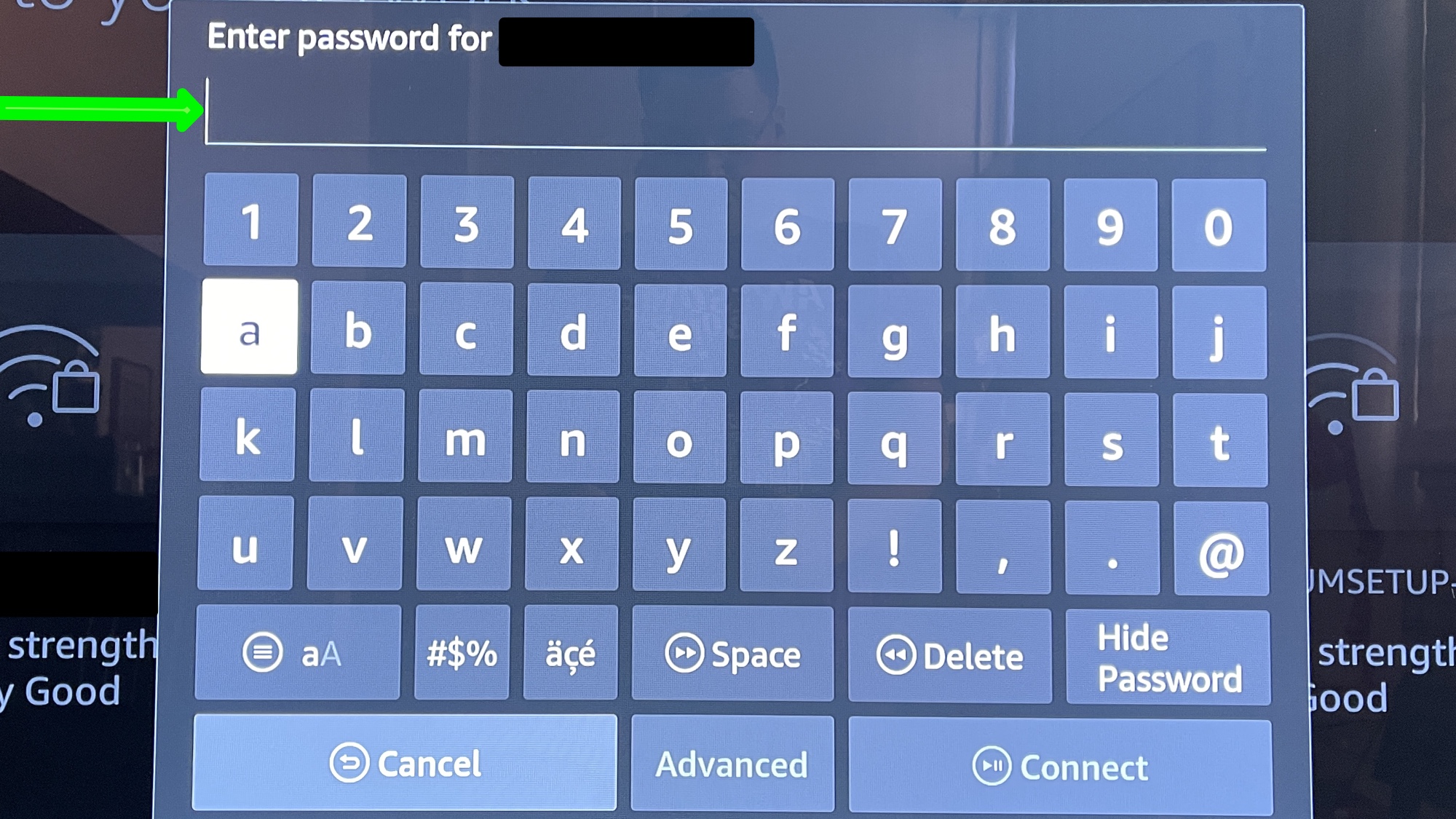 the fire tv setup screen asking to enter your network password