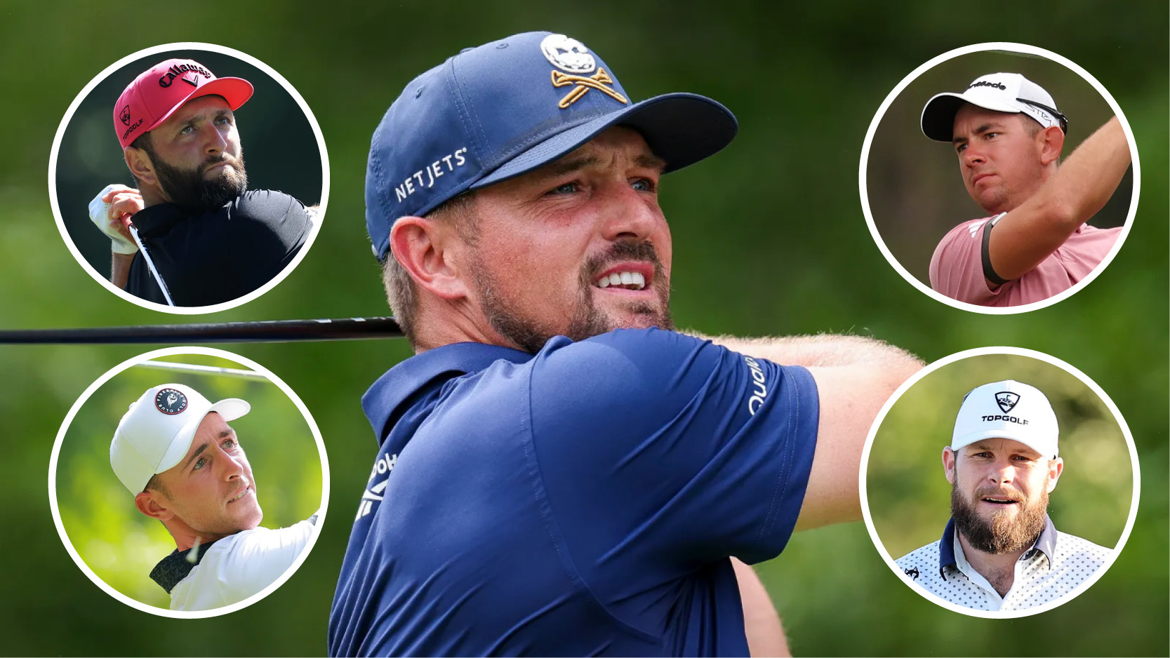 Main image of Bryson DeChambeau hitting a driver with inset photos of Jon Rahm (top left), David Puig (bottom left), Lucas Herbert (top right) and Tyrrell Hatton (bottom right)