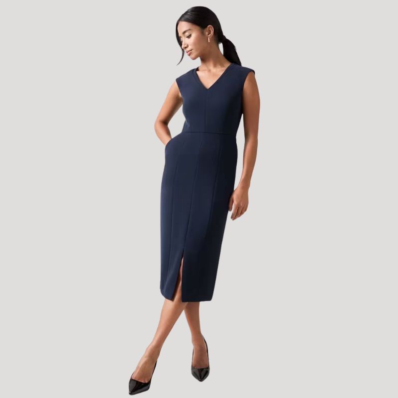Audrey Petite Spring Navy V Neck Shift Dress on model 