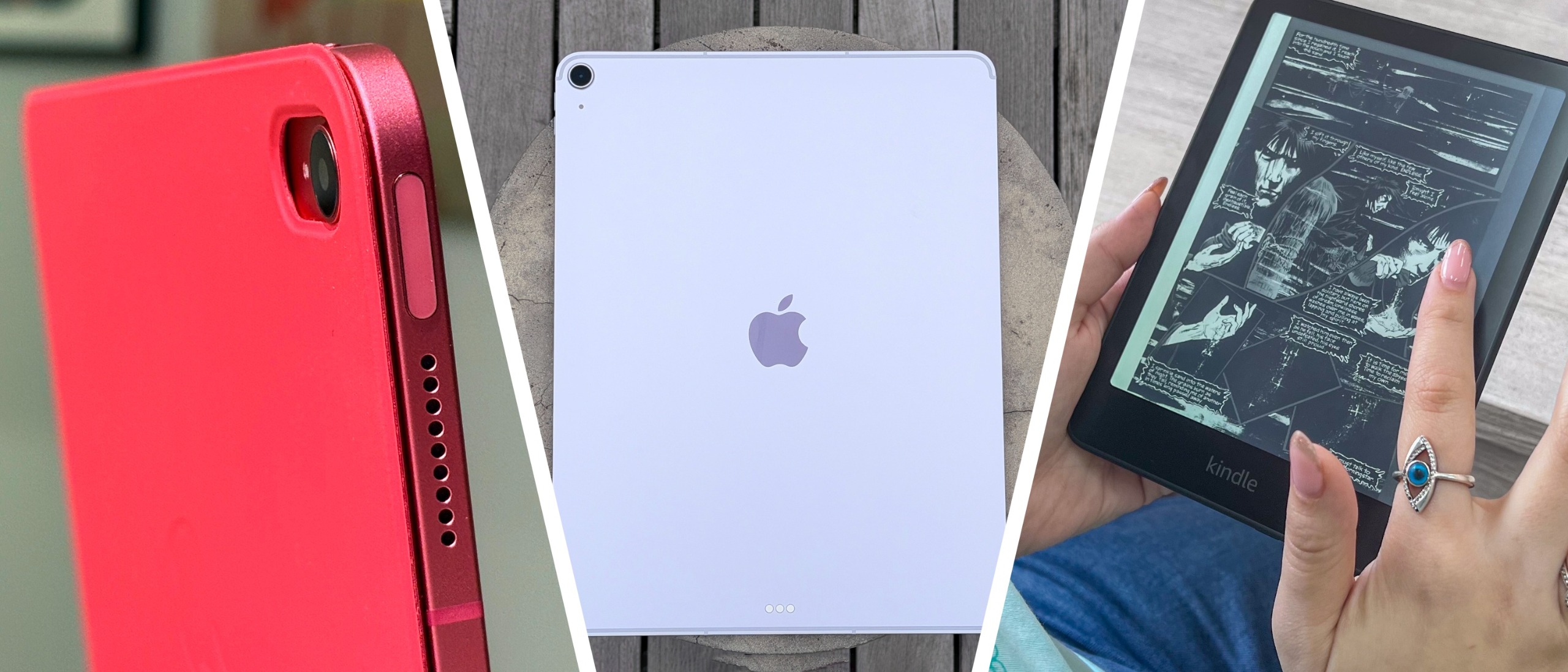 Three different tablets, photographed by their respective reviewers