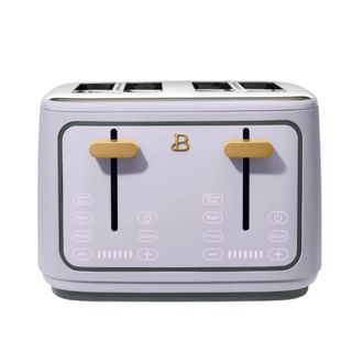 A lilac purple four-slice toaster with wooden handles and touch-screen buttons