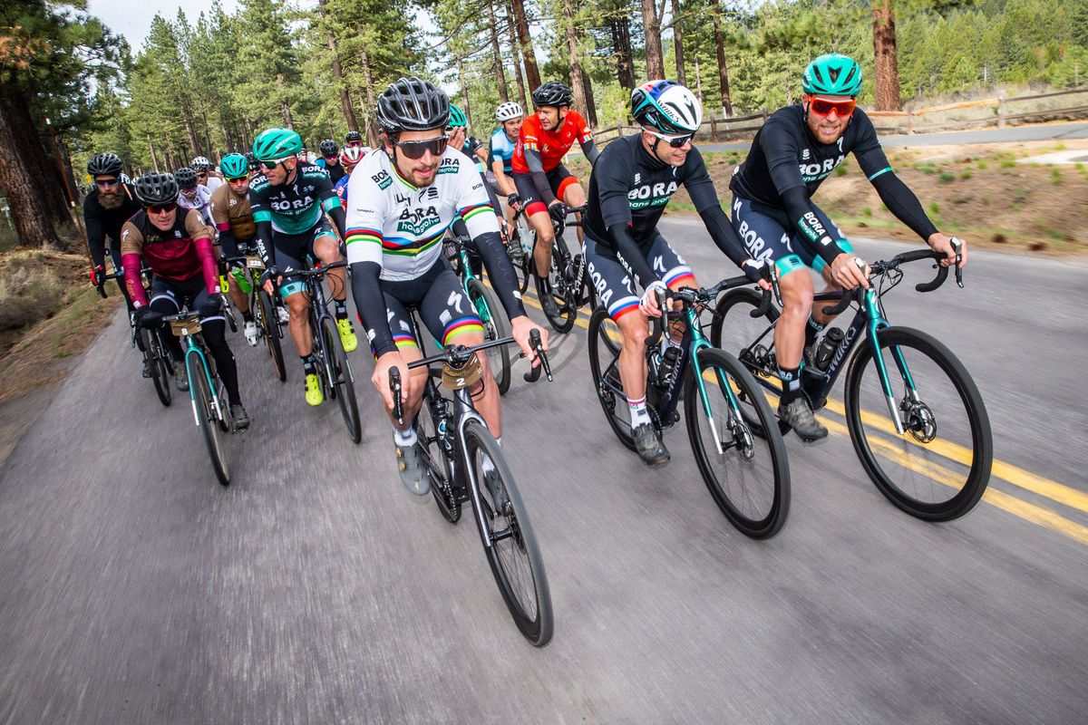 Peter Sagan leads the pack at the start of the Sagan fondo