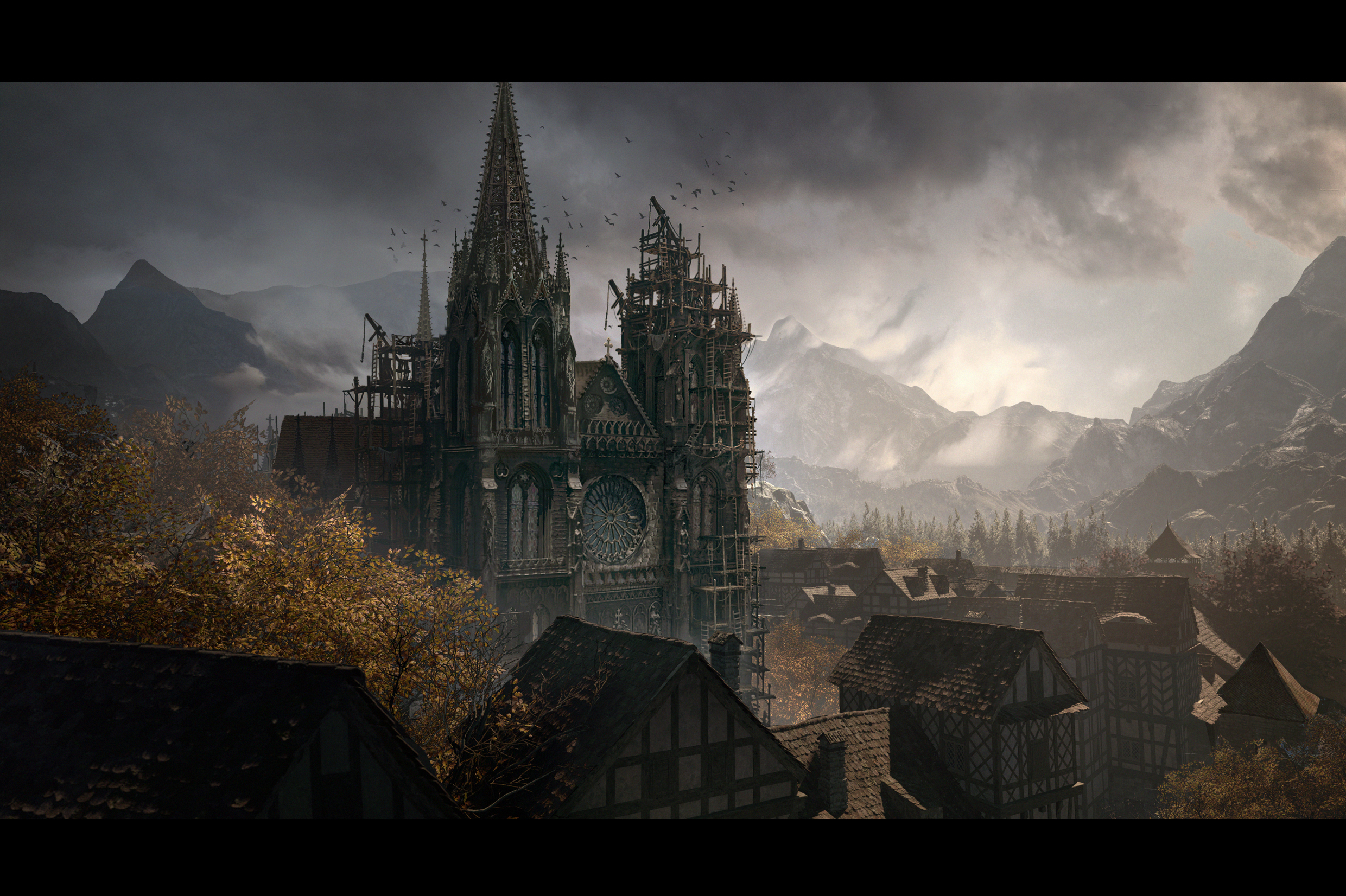 The Blood of Dawnwalker's main city, Svartrau, showing a cathedral partially under construction.