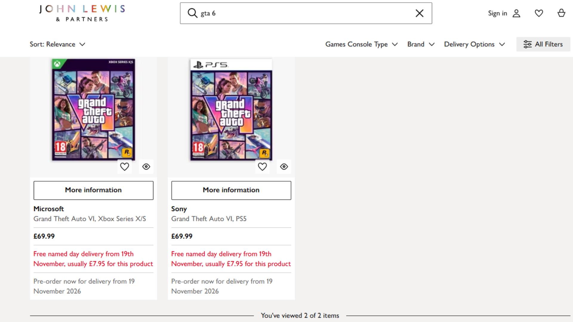 Screenshot of GTA 6 on the John Lewis storefront.