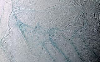 “Tiger stripes” on the surface of Enceladus.