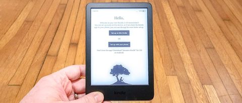 Amazon Kindle (2022) held close to the camera to show the login screen