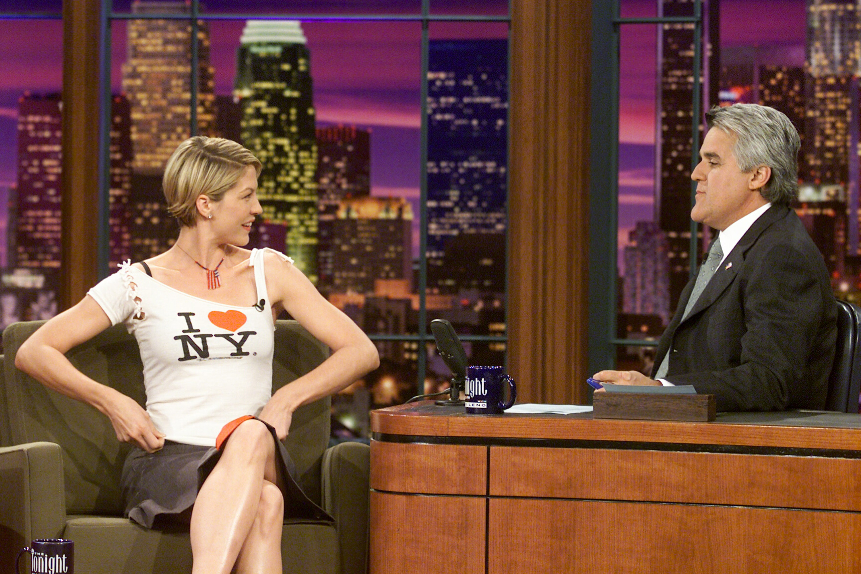 Actress Jenna Elfman during an interview with host Jay Leno on October 08, 2001
