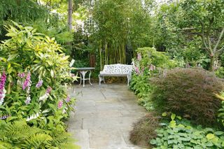 long garden ideas: white bench at end of paved path with soft planting either side