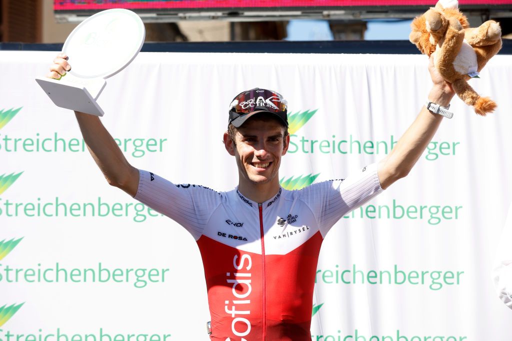 LAGNIEU FRANCE AUGUST 10 Guillaume Martin of France and Team Cofidis celebrates at podium as stage winner during the 34th Tour de lAin 2022 Stage 2 a 144km stage from SaintVulbas to Lagnieu TDA22 on August 10 2022 in Lagnieu France Photo by Bas CzerwinskiGetty Images