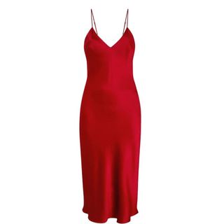 red satin slip dress