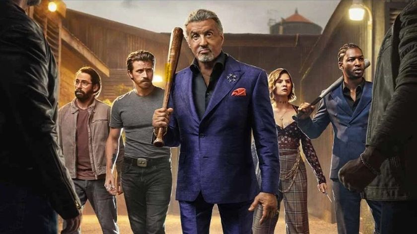 Flanked by his criminal associates, sharply dressed gangster Dwight Manfredi (Sylvester Stallone) wields a baseball ball as he faces off against two shadowy assailants in key art for &quot;Tulsa King&quot; season 3.