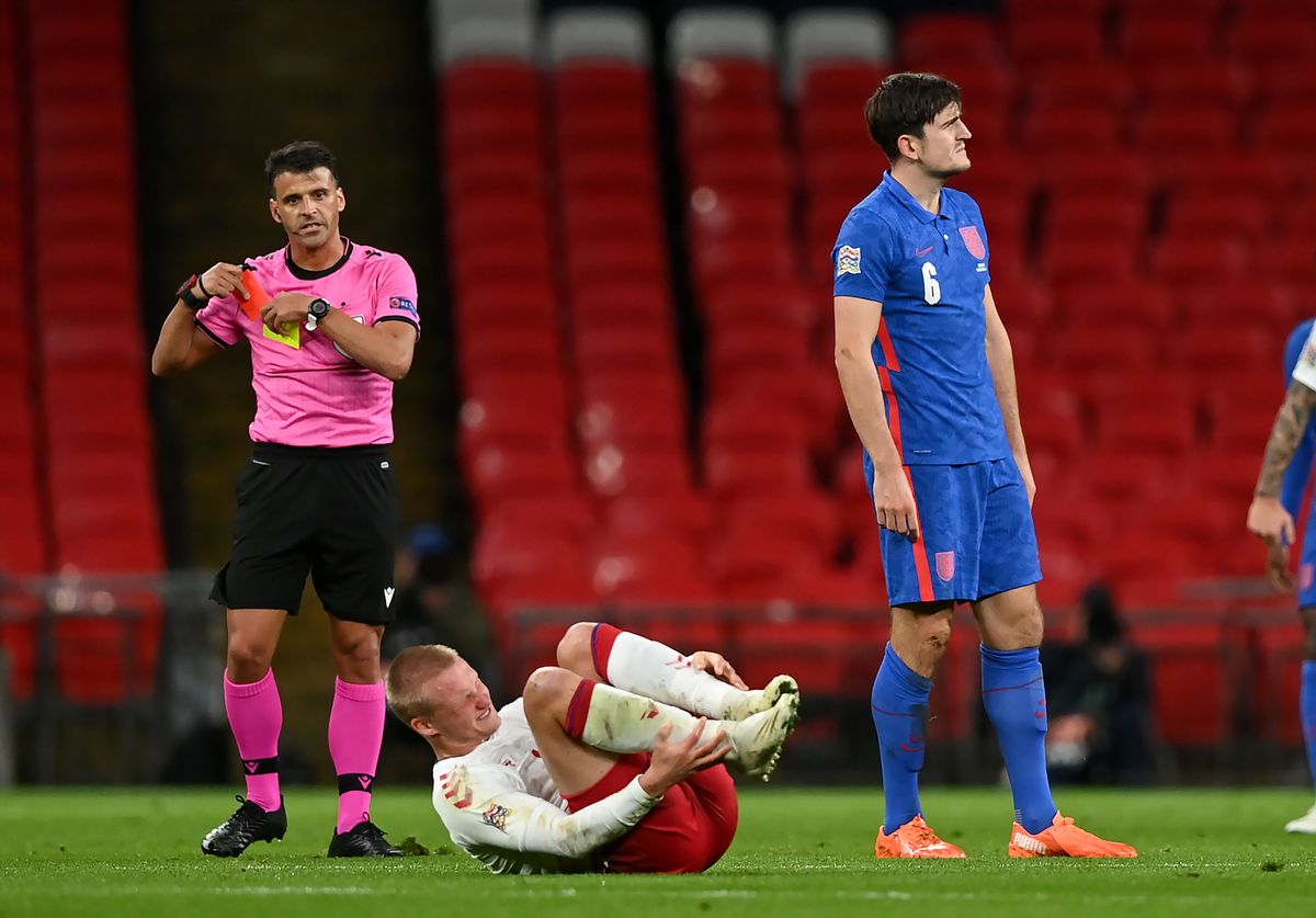 Harry Maguire was sent off in the first half of England’s Nations League defeat to Denmark.