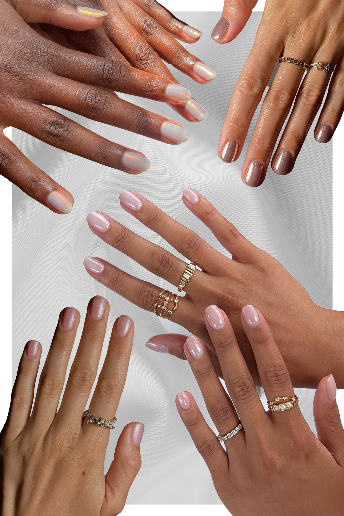 A collage of chrome and glitter bridal nails