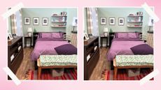 Purple bed with bench and light green walls
